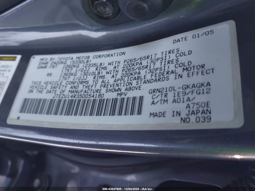 2005 Toyota 4Runner Sr5 V6 VIN: JTEZU14R350054180 Lot: 43847885