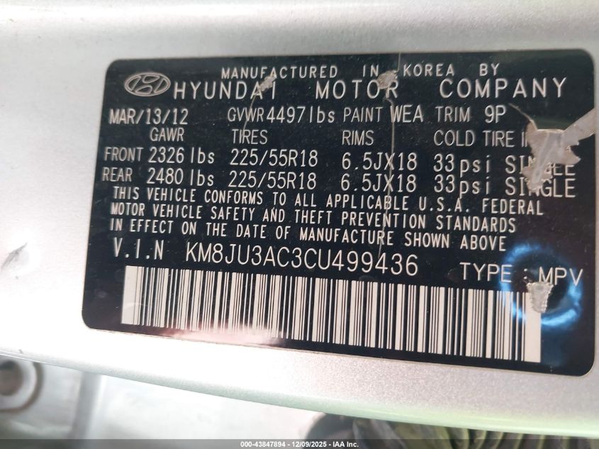 2012 Hyundai Tucson Limited VIN: KM8JU3AC3CU499436 Lot: 43847894