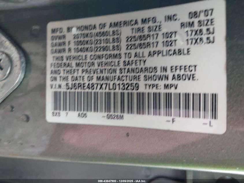 2007 Honda Cr-V Ex-L VIN: 5J6RE487X7L013259 Lot: 43847900