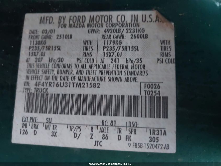 2001 Mazda B3000 Ds/Se VIN: 4F4YR16U31TM21582 Lot: 43847908