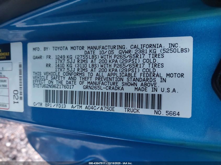 2006 Toyota Tacoma Prerunner V6 VIN: 5TETU62N96Z176017 Lot: 43847911