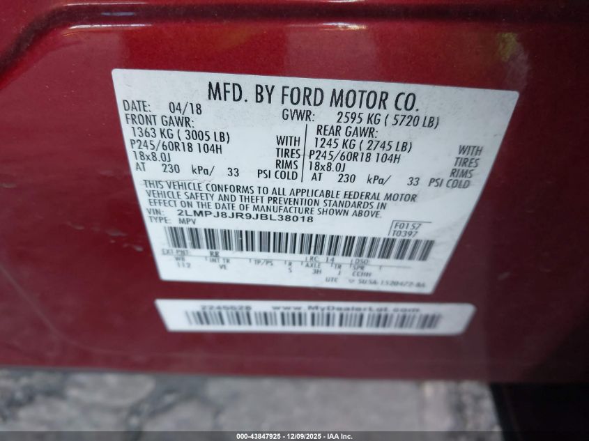 2018 Lincoln Mkx Premiere VIN: 2LMPJ8JR9JBL38018 Lot: 43847925