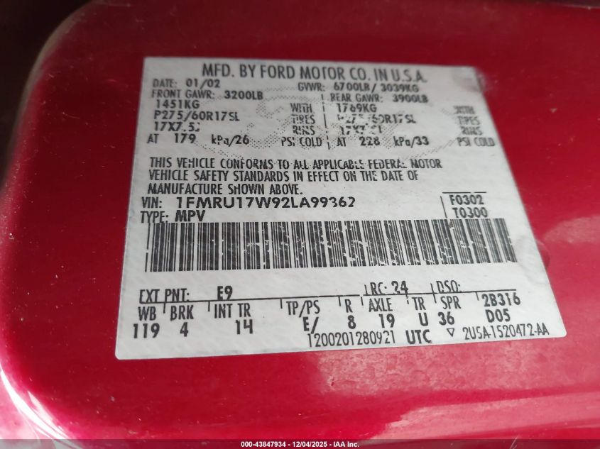 2002 Ford Expedition Eddie Bauer VIN: 1FMRU17W92LA99362 Lot: 43847934