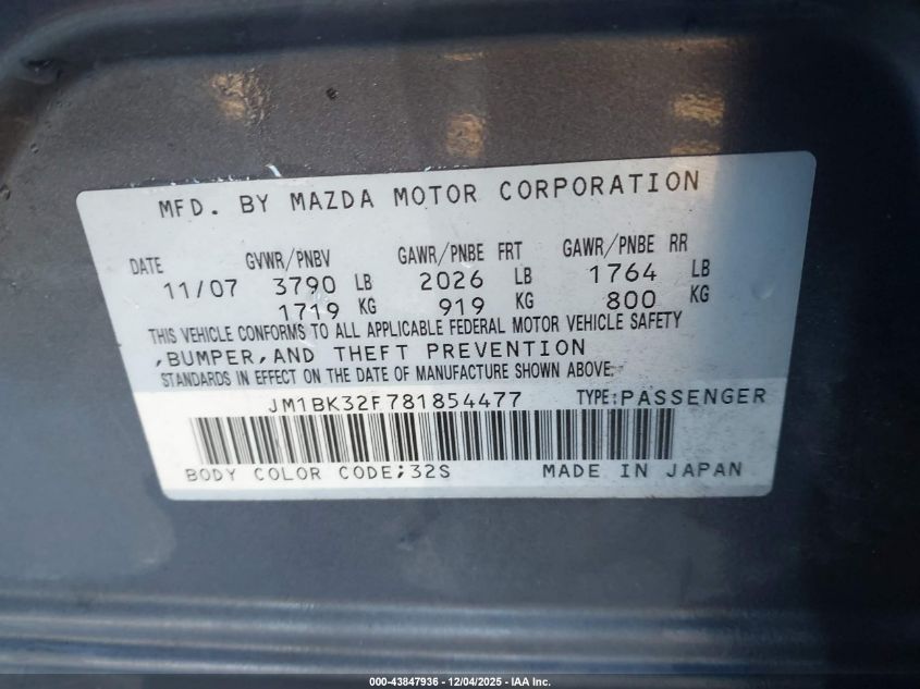 2008 Mazda Mazda3 I VIN: JM1BK32F781854477 Lot: 43847936