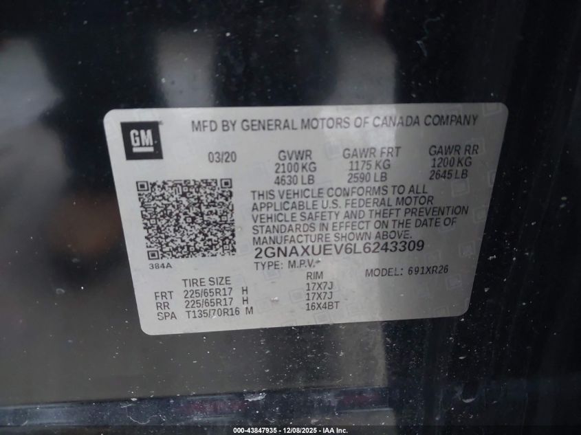 2020 Chevrolet Equinox Awd Lt 1.5L Turbo VIN: 2GNAXUEV6L6243309 Lot: 43847935