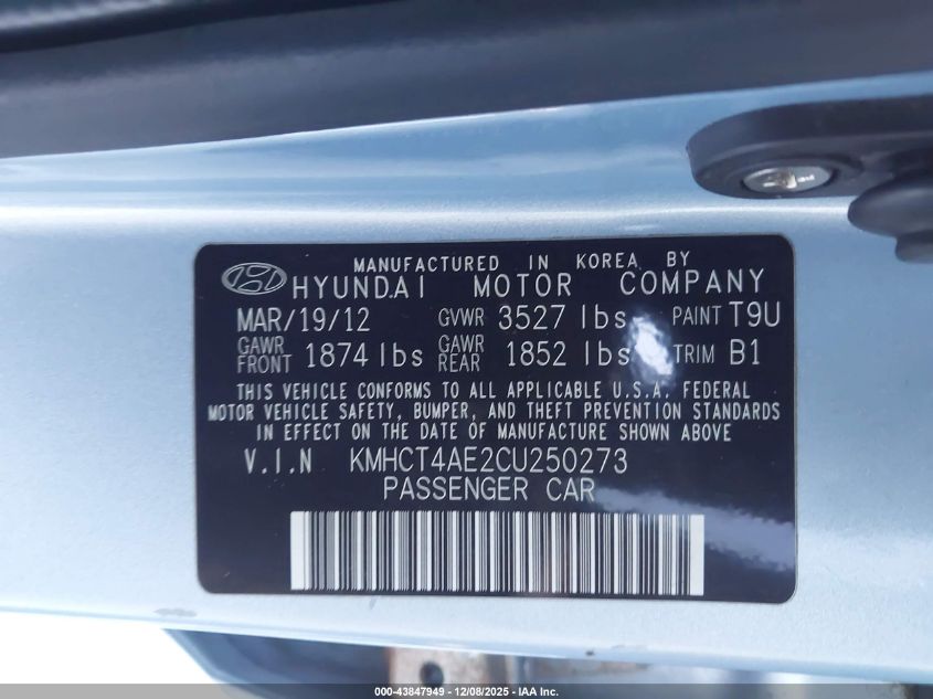 2012 Hyundai Accent Gls VIN: KMHCT4AE2CU250273 Lot: 43847949