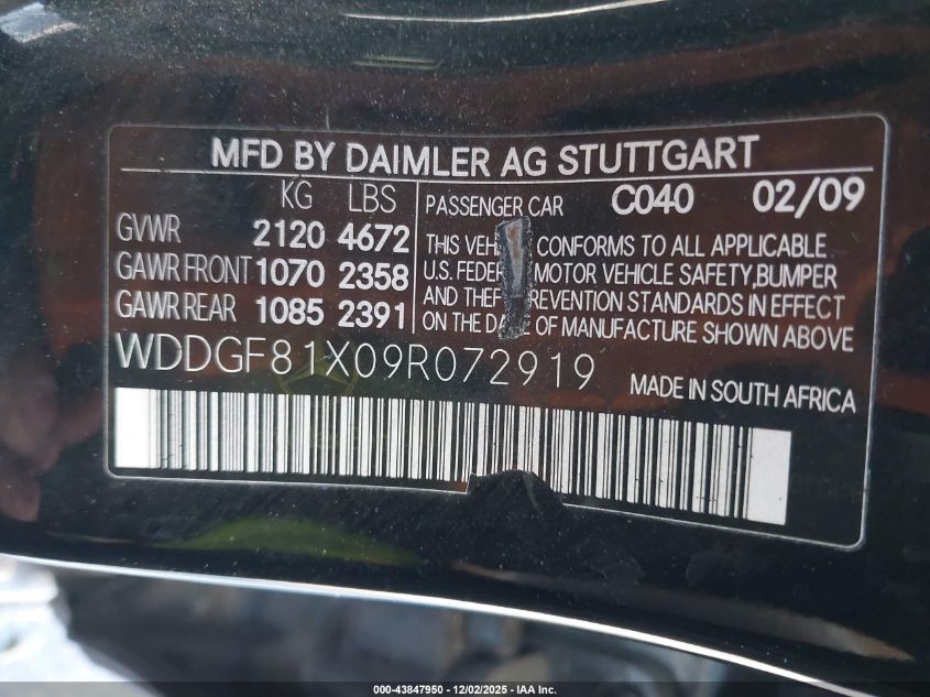 2009 Mercedes-Benz C 300 Luxury 4Matic/Sport 4Matic VIN: WDDGF81X09R072919 Lot: 43847950