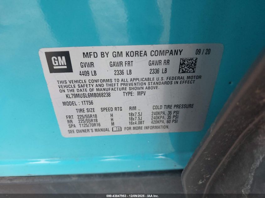 2021 Chevrolet Trailblazer Awd Rs VIN: KL79MUSL6MB068238 Lot: 43847953