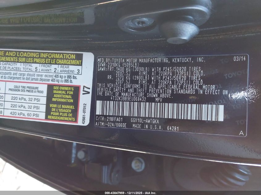 2014 Toyota Venza Le V6 VIN: 4T3ZK3BB9EU068432 Lot: 43847959