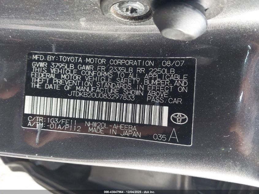 2008 Toyota Prius VIN: JTDKB20U083297833 Lot: 43847964