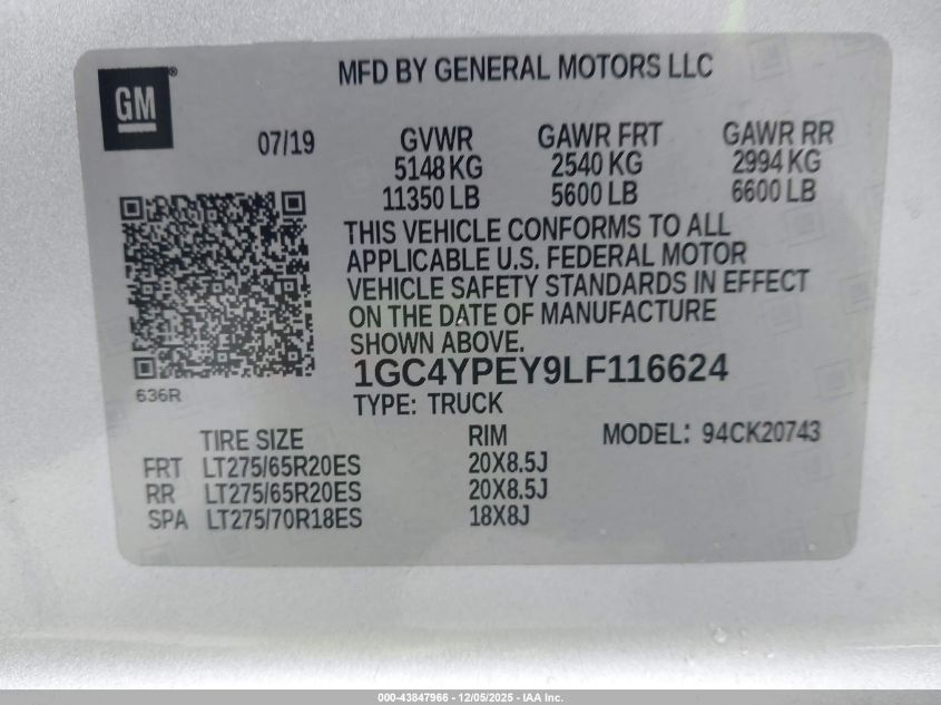 2020 Chevrolet Silverado 2500Hd 4Wd Standard Bed Ltz VIN: 1GC4YPEY9LF116624 Lot: 43847966