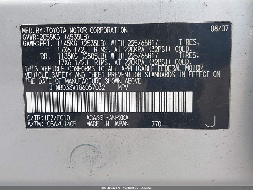 2008 Toyota Rav4 VIN: JTMBD33V186057032 Lot: 43847970