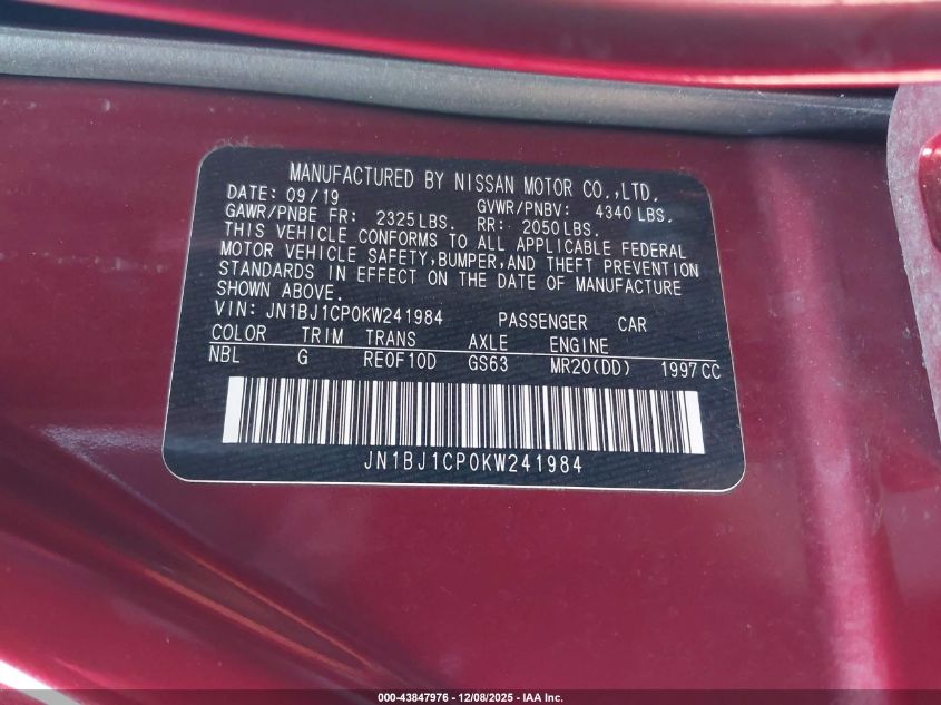 2019 Nissan Rogue Sport Sv VIN: JN1BJ1CP0KW241984 Lot: 43847976