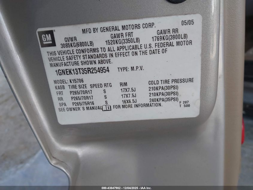 2005 Chevrolet Tahoe Z71 VIN: 1GNEK13T35R254954 Lot: 43847982