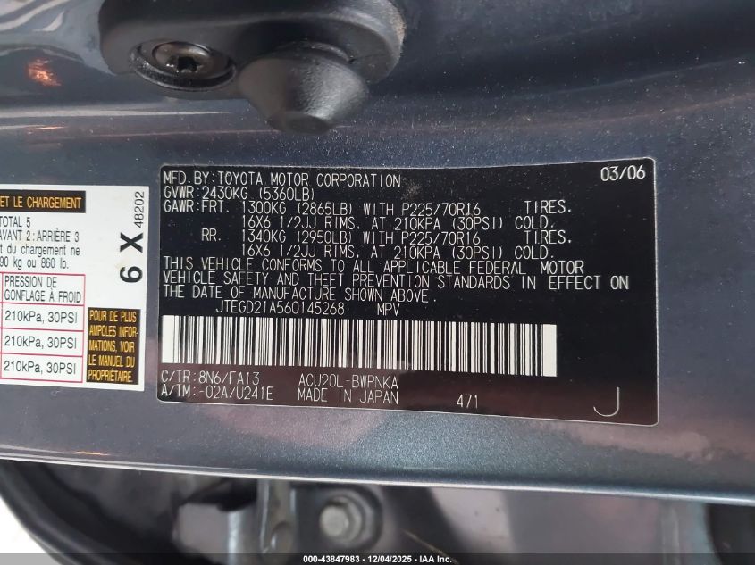 2006 Toyota Highlander VIN: JTEGD21A560145268 Lot: 43847983