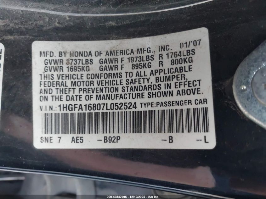 2007 Honda Civic Ex VIN: 1HGFA16807L052524 Lot: 43847995