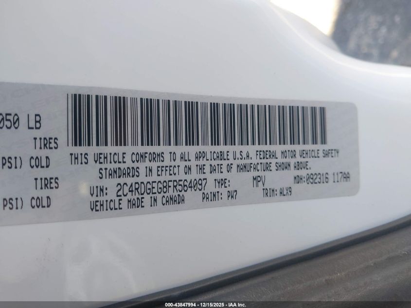 2015 Dodge Grand Caravan R/T VIN: 2C4RDGEG8FR564097 Lot: 43847994