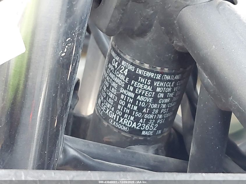 2024 Kawasaki Ex500 H VIN: ML5EXGH1XRDA23652 Lot: 43848001