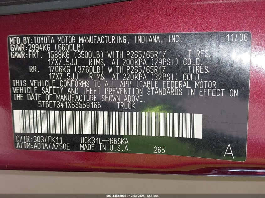2006 Toyota Tundra Sr5 V8 VIN: 5TBET341X6S559166 Lot: 43848003