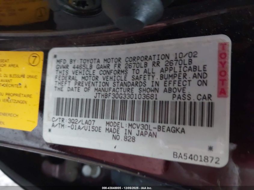 2003 Lexus Es 300 VIN: JTHBF30G330103681 Lot: 43848005