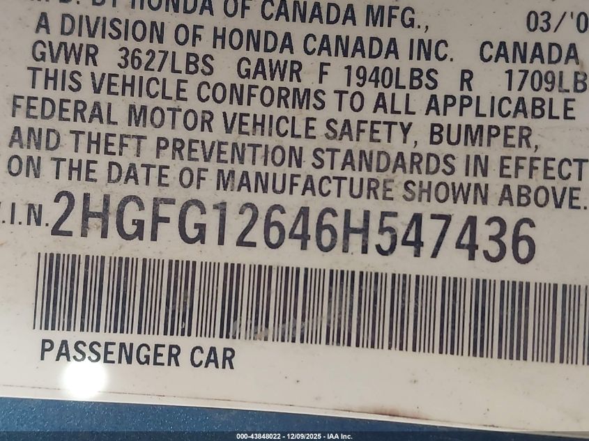 2006 Honda Civic Lx VIN: 2HGFG12646H547436 Lot: 43848022