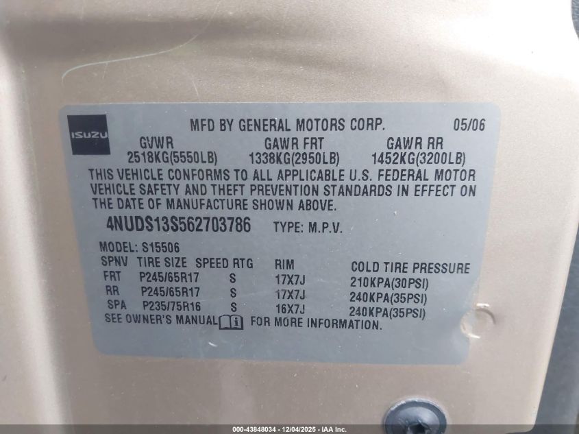 2006 Isuzu Ascender S VIN: 4NUDS13S562703786 Lot: 43848034