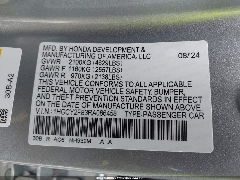 2024 Honda Accord Hybrid Touring VIN: 1HGCY2F83RA086458 Lot: 43848102