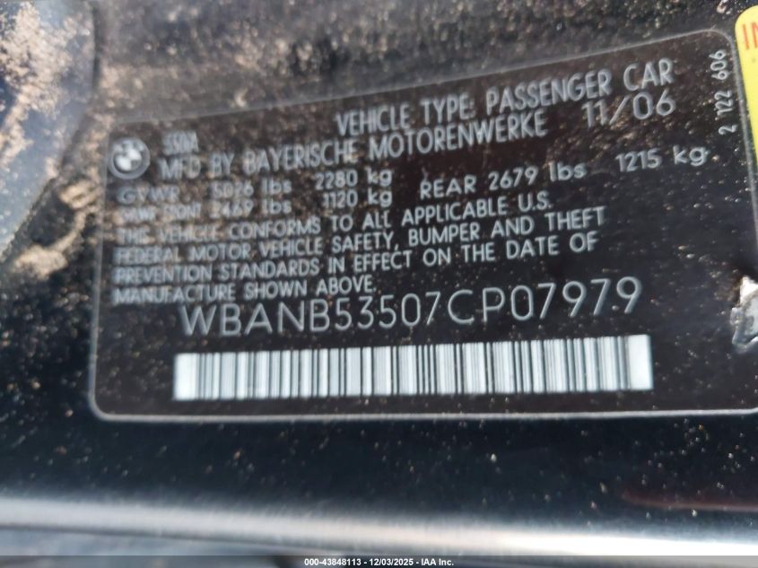 2007 BMW 550I VIN: WBANB53507CP07979 Lot: 43848113