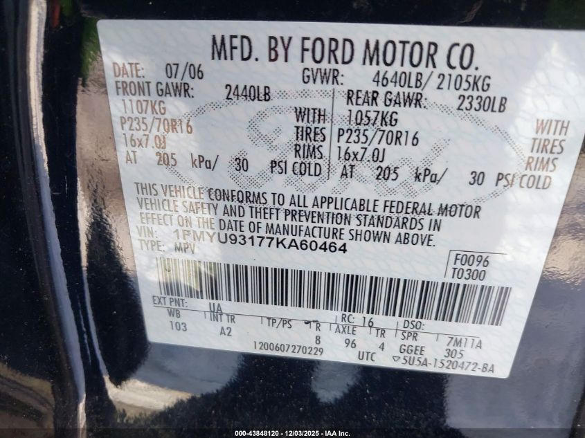 2007 Ford Escape Xlt/Xlt Sport VIN: 1FMYU93177KA60464 Lot: 43848120