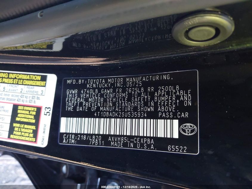 2025 Toyota Camry Xse VIN: 4T1DBADK2SU535934 Lot: 43848121