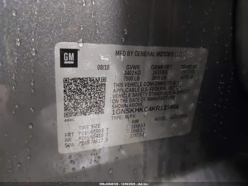 2019 Chevrolet Suburban Lt VIN: 1GNSKHKC4KR135464 Lot: 43848126