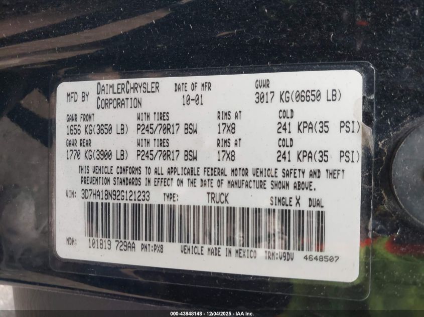 2002 Dodge Ram 1500 St VIN: 3D7HA18N92G121233 Lot: 43848148