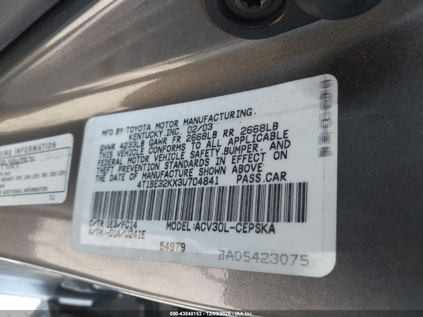 2003 Toyota Camry Se VIN: 4T1BE32KX3U704841 Lot: 43848153