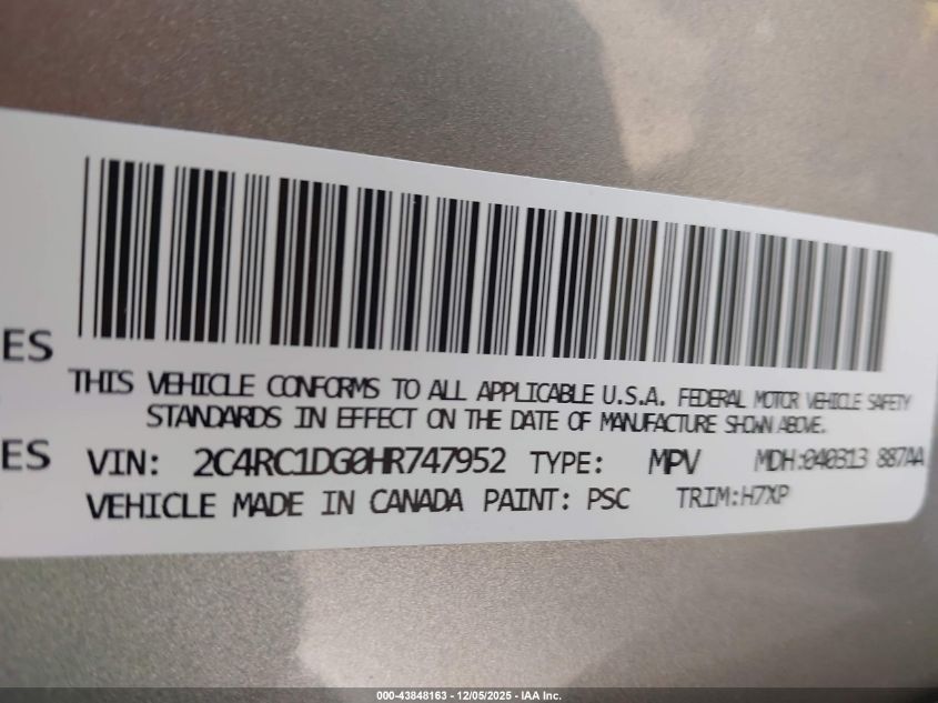 2017 Chrysler Pacifica Touring VIN: 2C4RC1DG0HR747952 Lot: 43848163