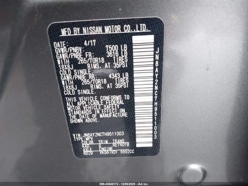 2017 Nissan Armada Sv VIN: JN8AY2NC7H9511003 Lot: 43848172