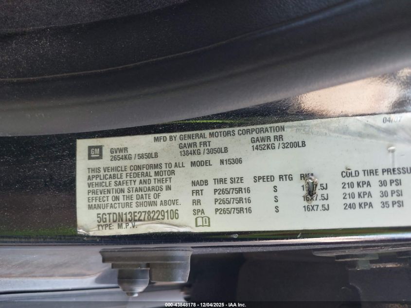 2007 Hummer H3 Suv VIN: 5GTDN13E278229106 Lot: 43848178