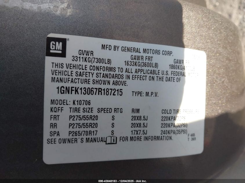 2007 Chevrolet Tahoe Ltz VIN: 1GNFK13067R187215 Lot: 43848183