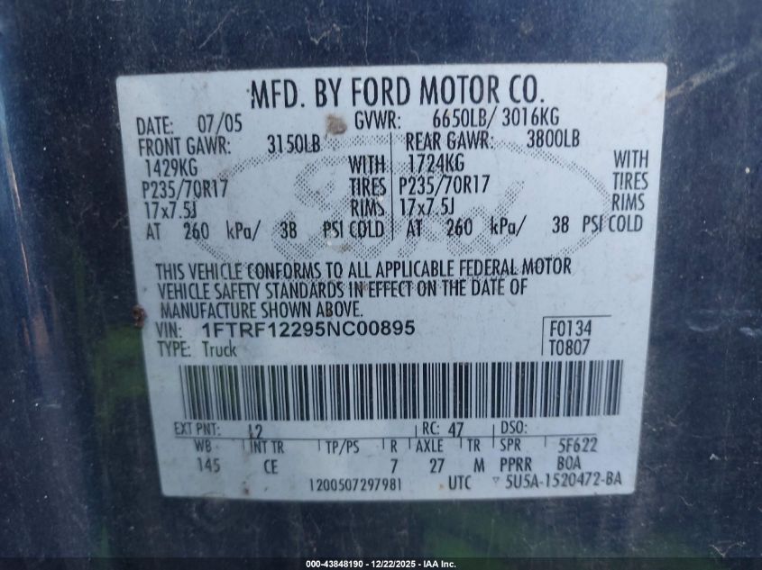 2005 Ford F-150 Stx/Xl/Xlt VIN: 1FTRF12295NC00895 Lot: 43848190