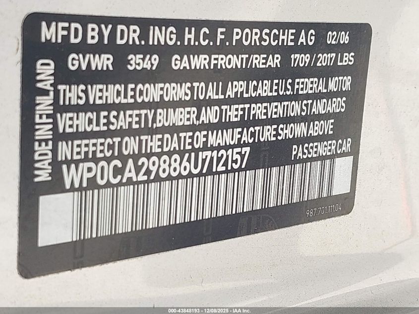 2006 Porsche Boxster VIN: WP0CA29886U712157 Lot: 43848193