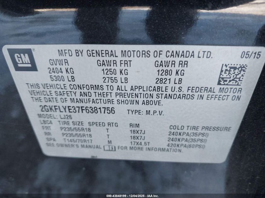 2015 GMC Terrain Slt-2 VIN: 2GKFLYE37F6381756 Lot: 43848199