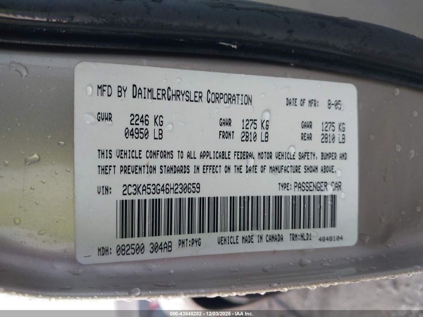 2006 Chrysler 300 Touring VIN: 2C3KA53G46H230659 Lot: 43848202