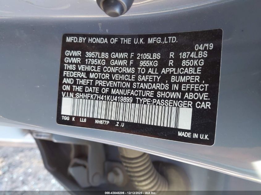2019 Honda Civic Sport VIN: SHHFK7H41KU419899 Lot: 43848206