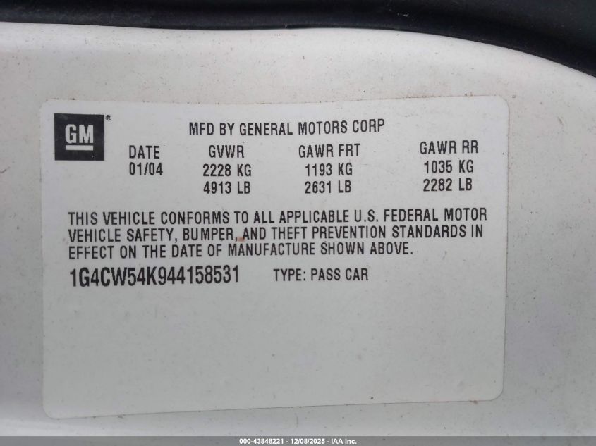 2004 Buick Park Avenue VIN: 1G4CW54K944158531 Lot: 43848221