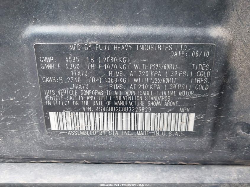 2011 Subaru Outback 2.5I Premium VIN: 4S4BRBGC8B3326829 Lot: 43848224