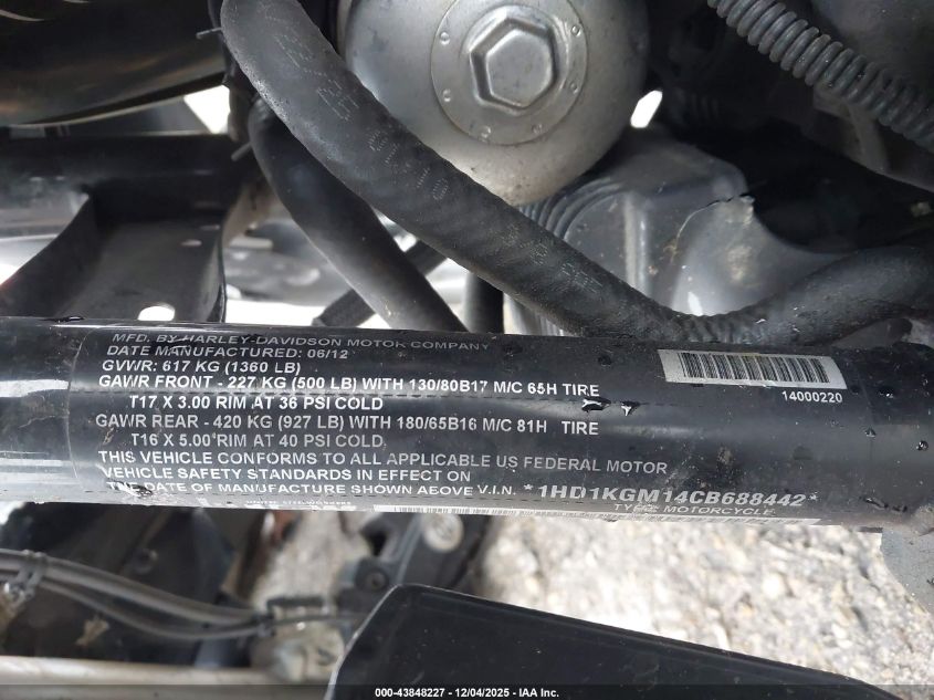 2012 Harley-Davidson Fltru Road Glide Ultra VIN: 1HD1KGM14CB688442 Lot: 43848227