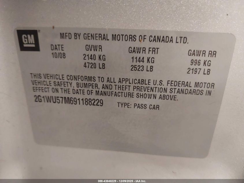 2009 Chevrolet Impala Ltz VIN: 2G1WU57M691188229 Lot: 43848229