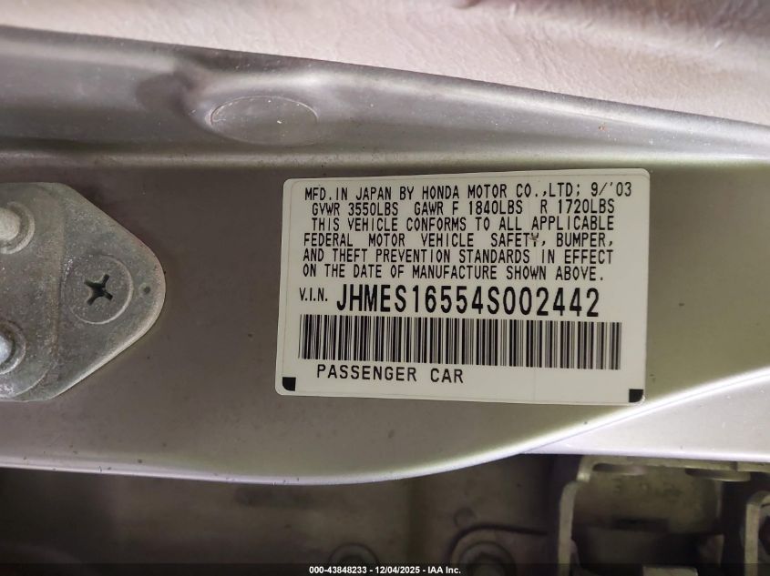 2004 Honda Civic Lx VIN: JHMES16554S002442 Lot: 43848233