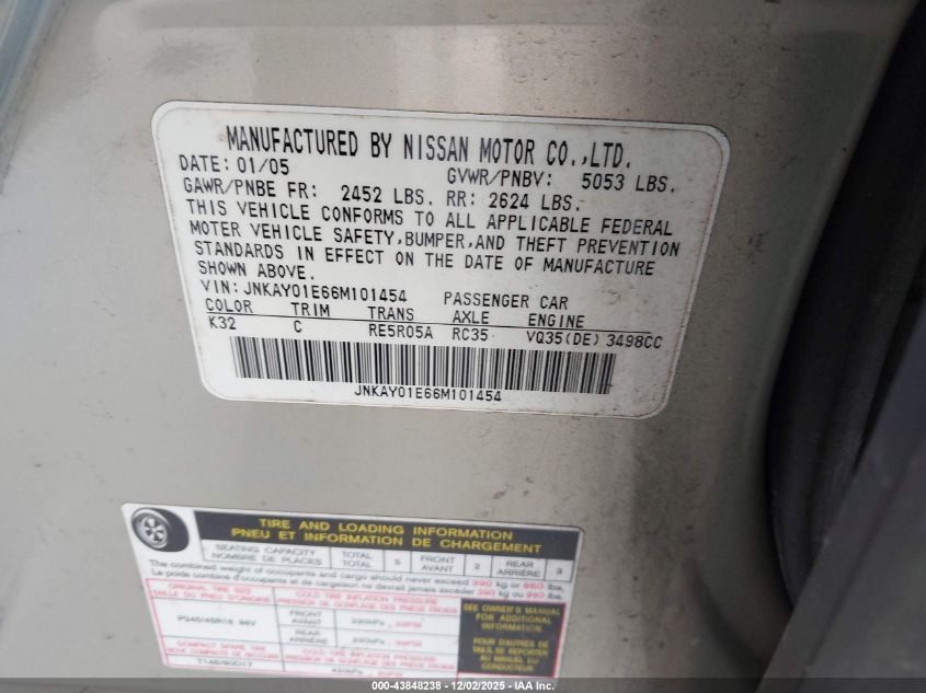 2006 Infiniti M35 VIN: JNKAY01E66M101454 Lot: 43848238