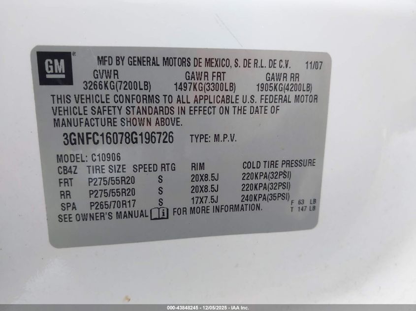 2008 Chevrolet Suburban 1500 Lt VIN: 3GNFC16078G196726 Lot: 43848245