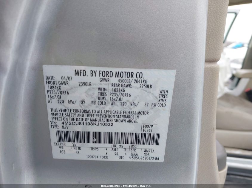 2008 Mercury Mariner V6 VIN: 4M2CU81198KJ10532 Lot: 43848246